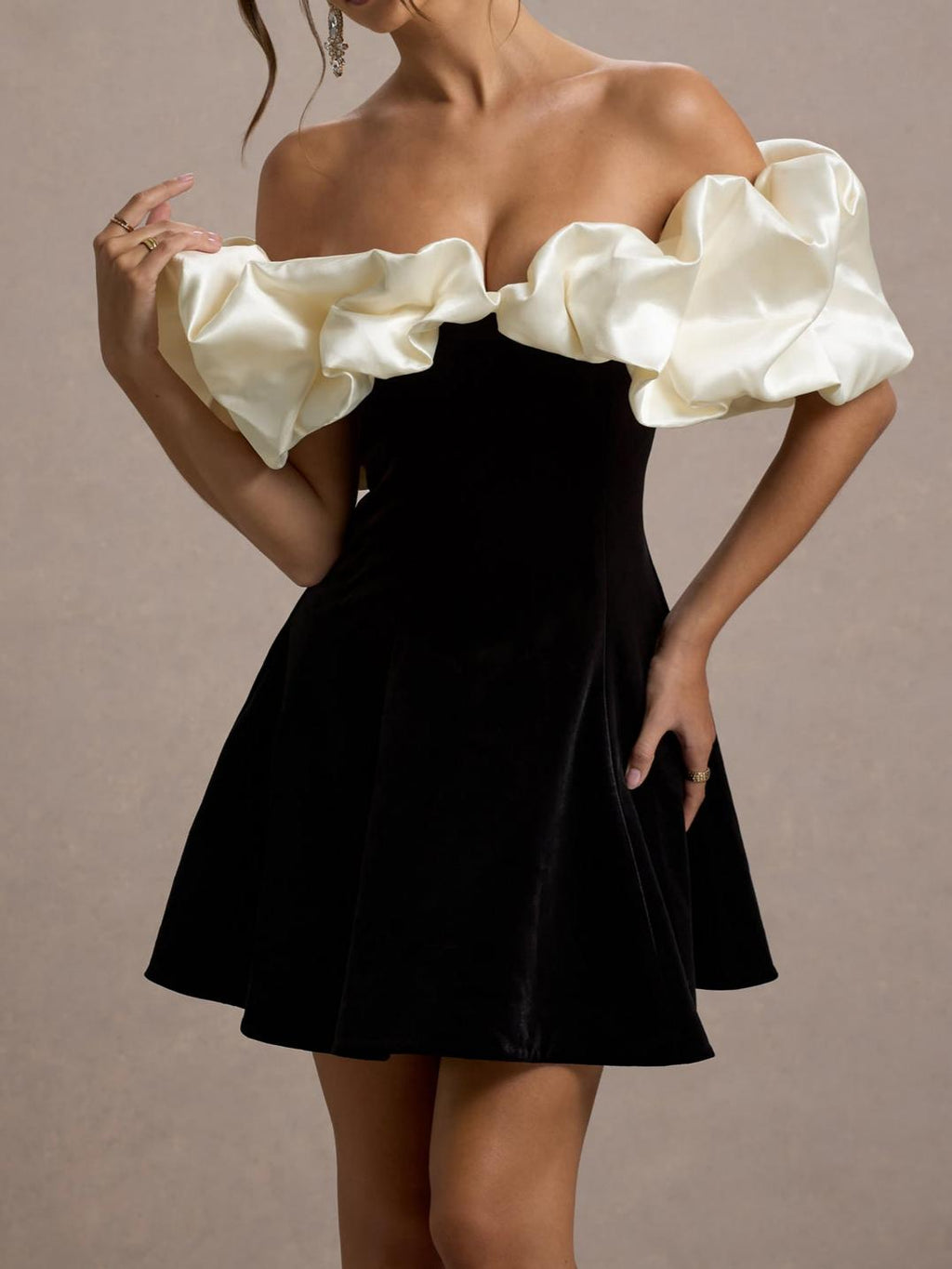 Black & Cream Velvet Mini Dress With Satin Puff Sleeves
