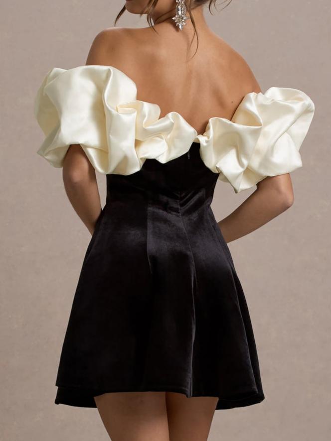 Black & Cream Velvet Mini Dress With Satin Puff Sleeves