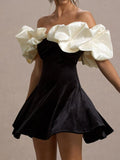 Black & Cream Velvet Mini Dress With Satin Puff Sleeves