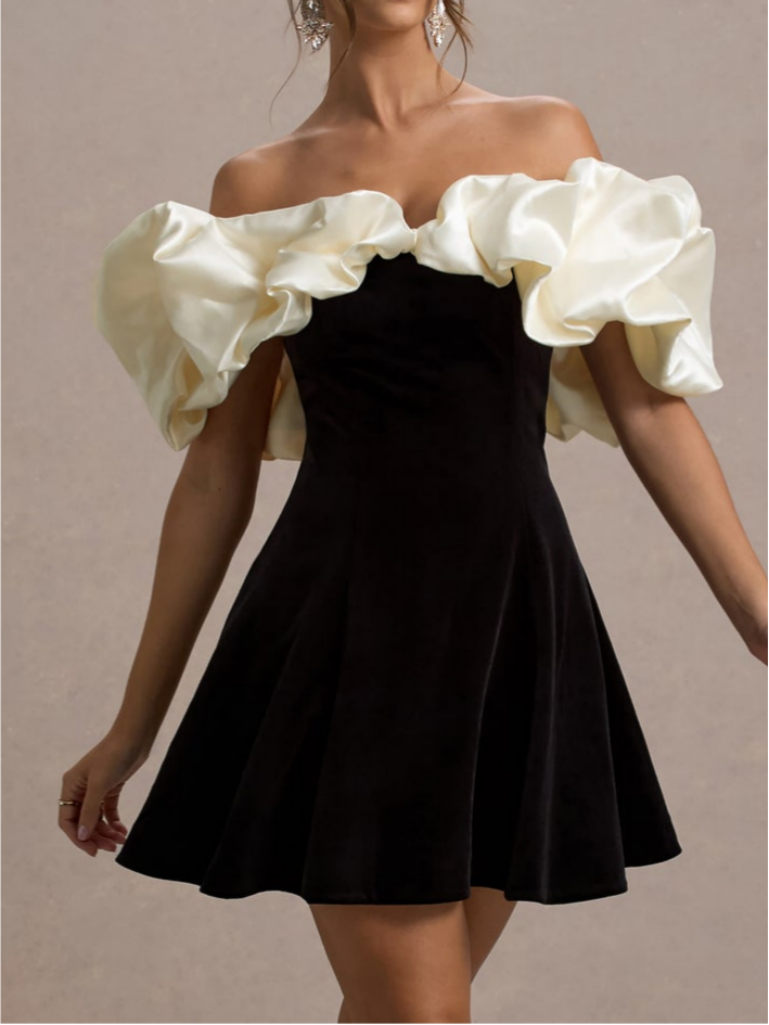 Black & Cream Velvet Mini Dress With Satin Puff Sleeves