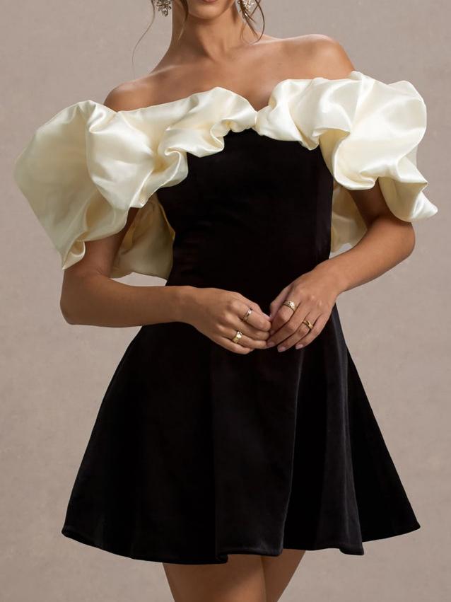 Black & Cream Velvet Mini Dress With Satin Puff Sleeves