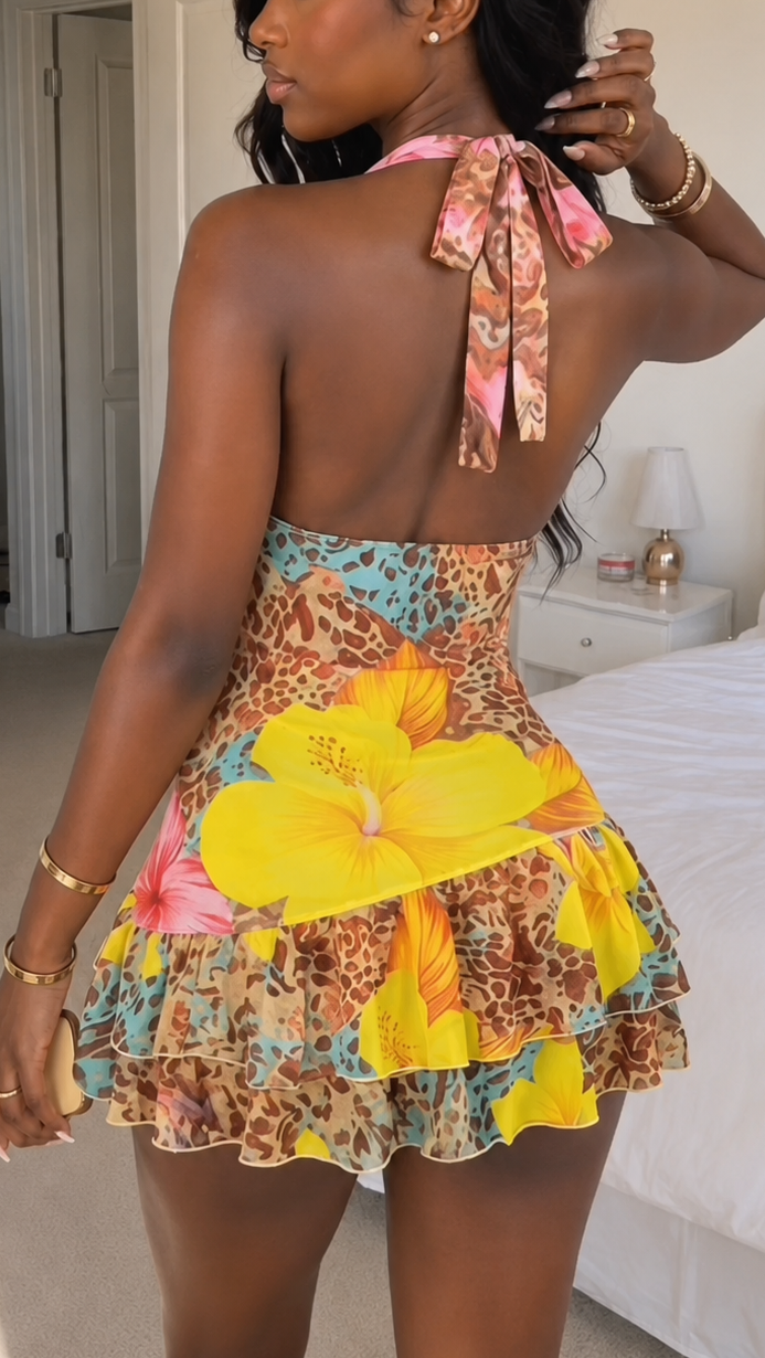Tropical Muse Ruffle Halter Mini Dress