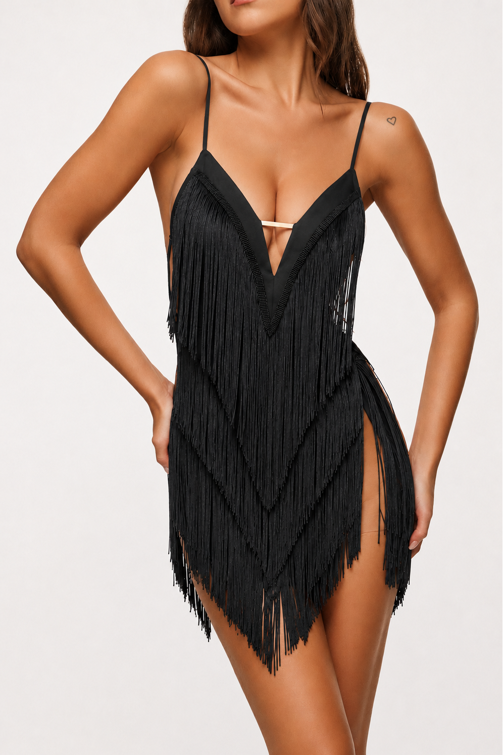 Plunge V Layered Fringe Mini Dress