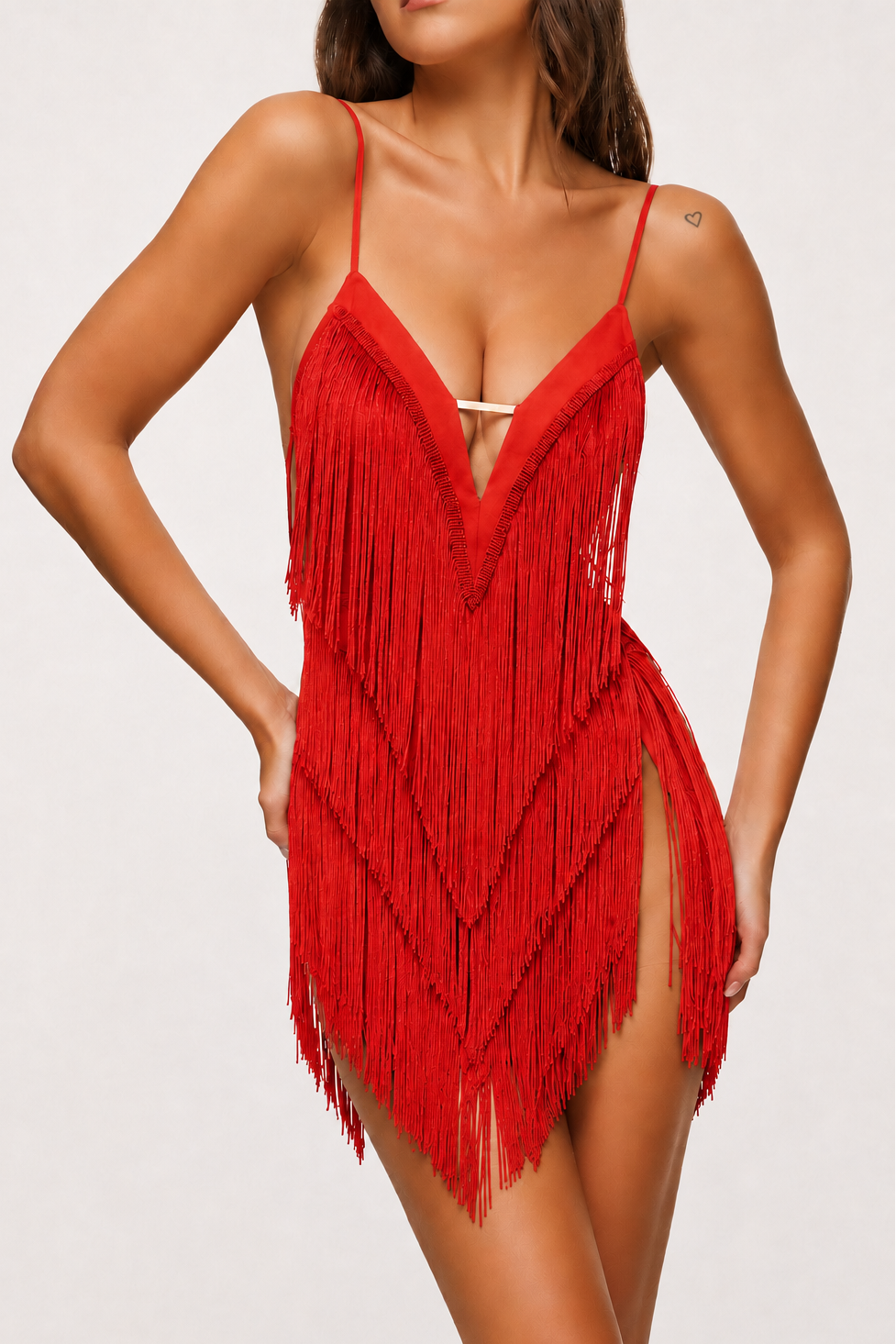 Plunge V Layered Fringe Mini Dress