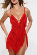 Red Plunge V Layered Fringe Mini Dress