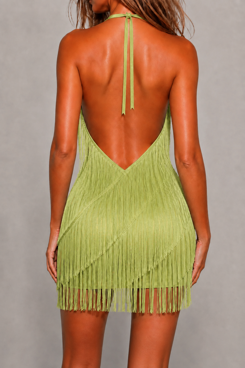 Green Afterglow Fringe Halter Mini Dress