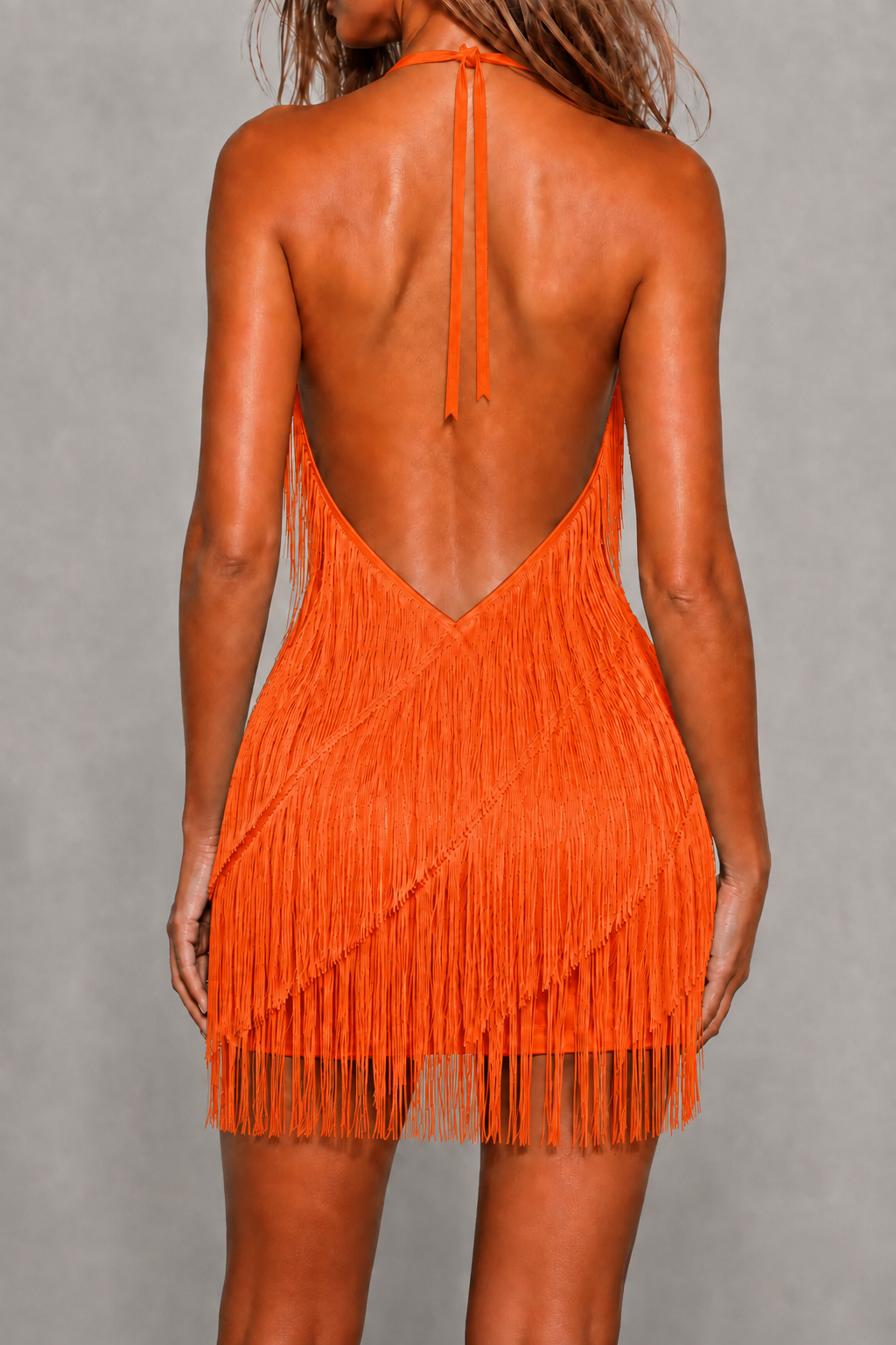 Orange Afterglow Fringe Halter Mini Dress
