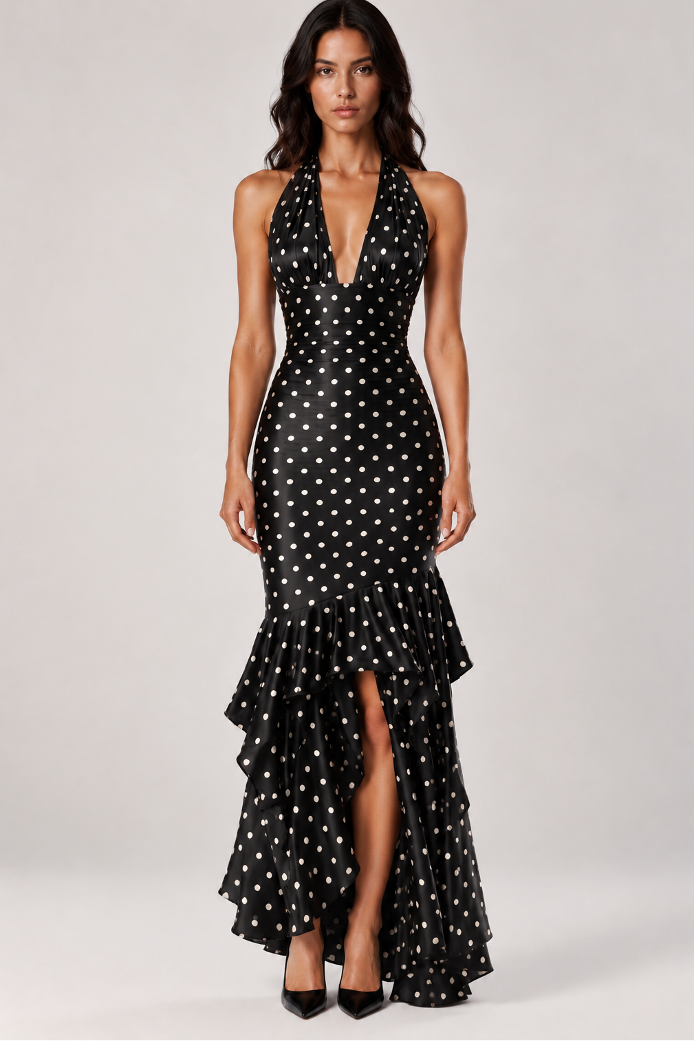 Rosalie Polka Dot Halter Maxi Dress In Black