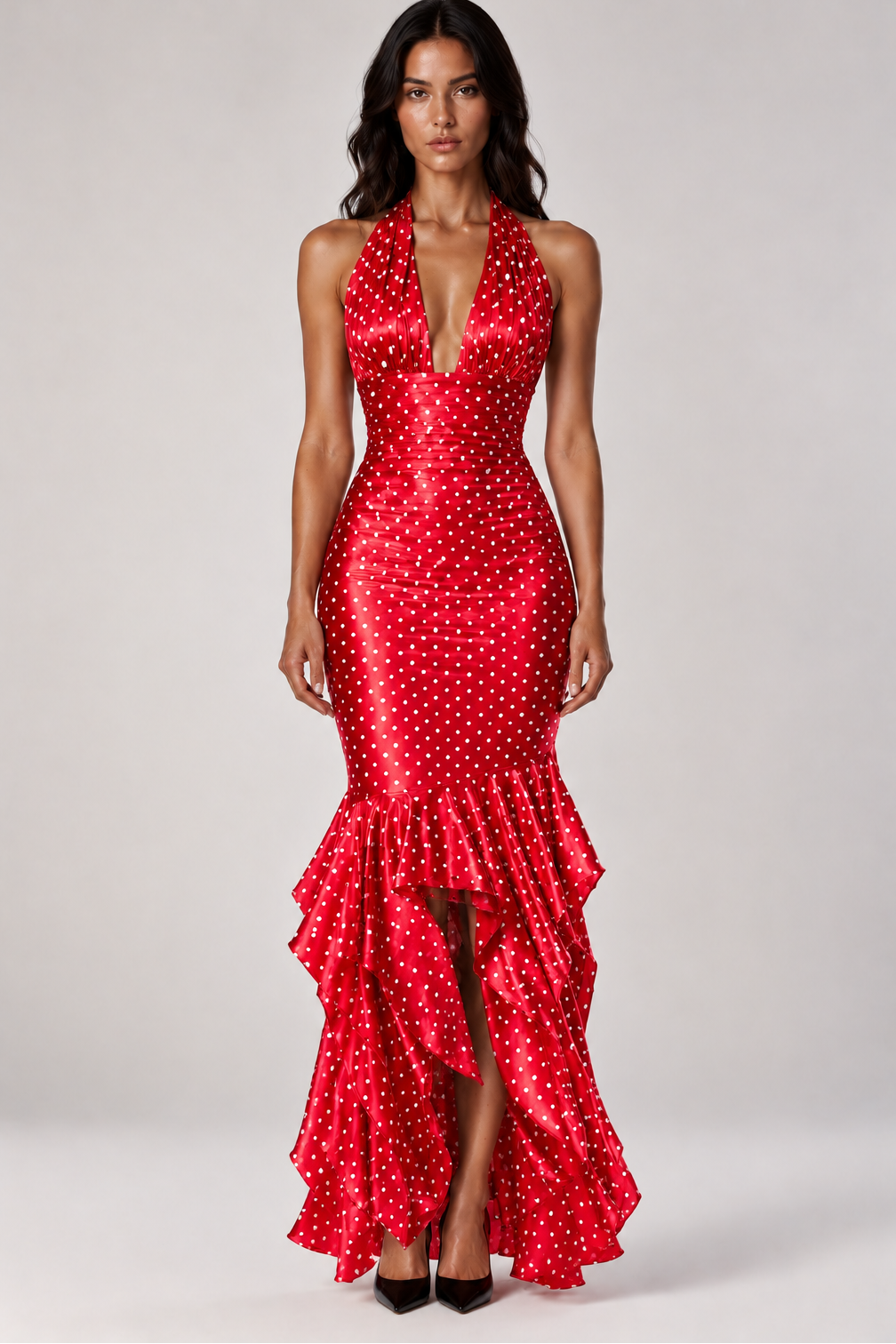 Rosalie Polka Dot Halter Maxi Dress In Red