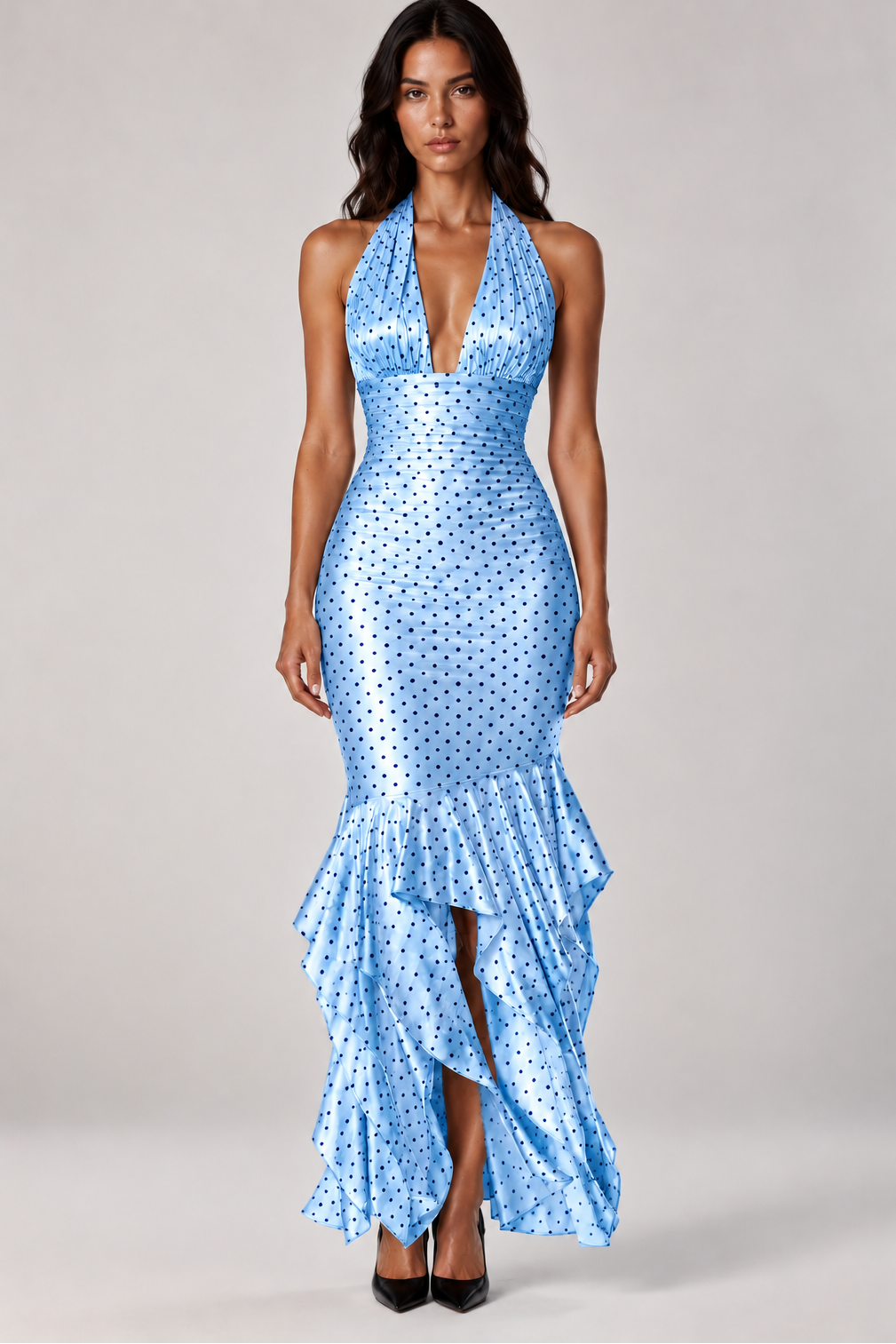 Rosalie Polka Dot Halter Maxi Dress In Blue
