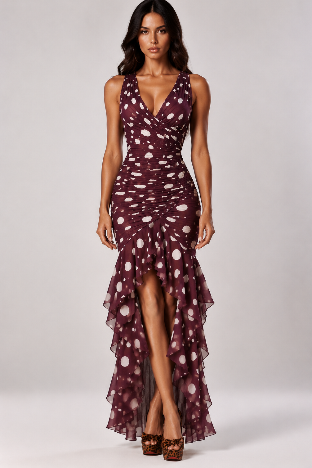 Noir Muse Polka Dot Ruched Midi Dress In Plum