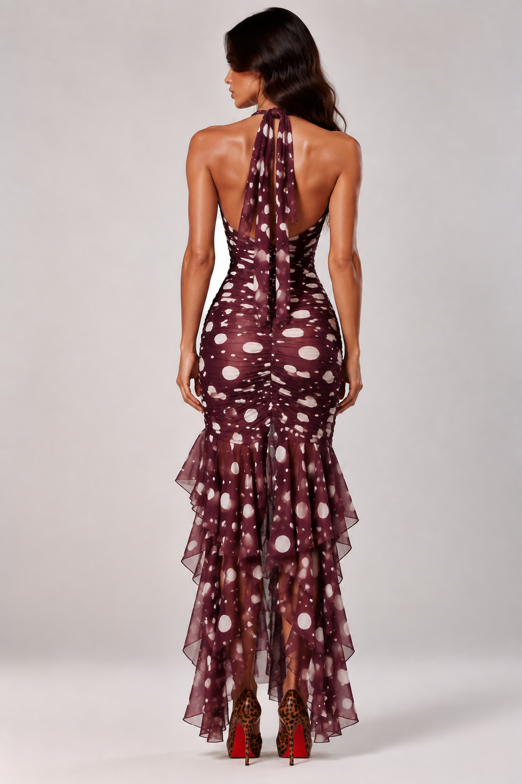 Noir Muse Polka Dot Ruched Midi Dress In Plum