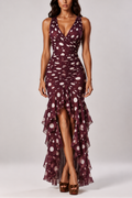 Noir Muse Polka Dot Ruched Midi Dress In Plum