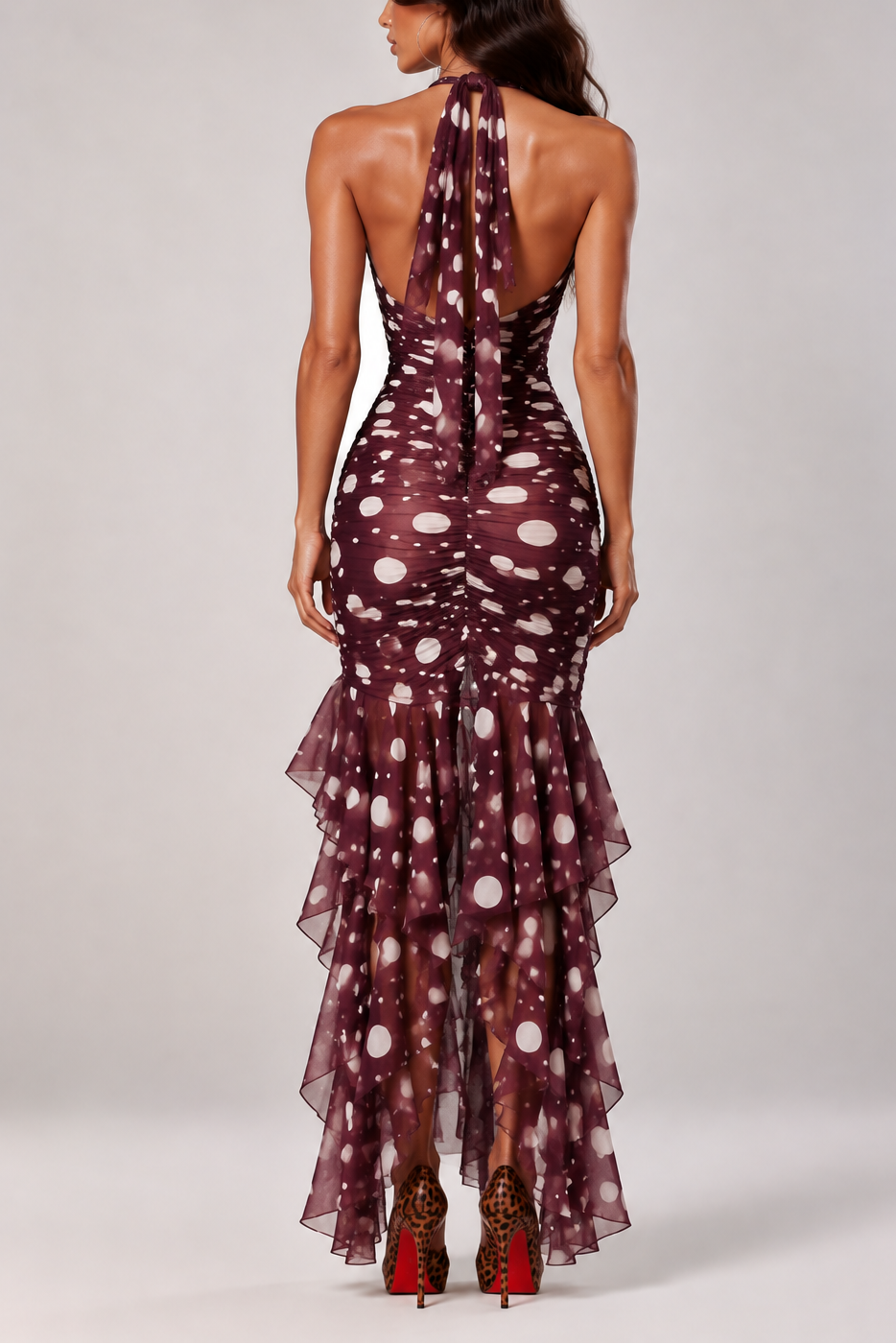 Noir Muse Polka Dot Ruched Midi Dress