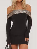 Contrast Leopard Print Bardot Open Back Detail Mini Bodycon Dress