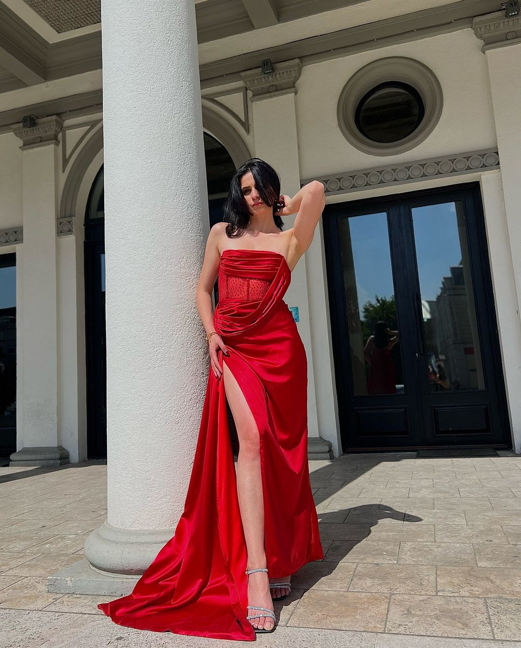 Haliya Crystallized Corset High Slit Gown - Red