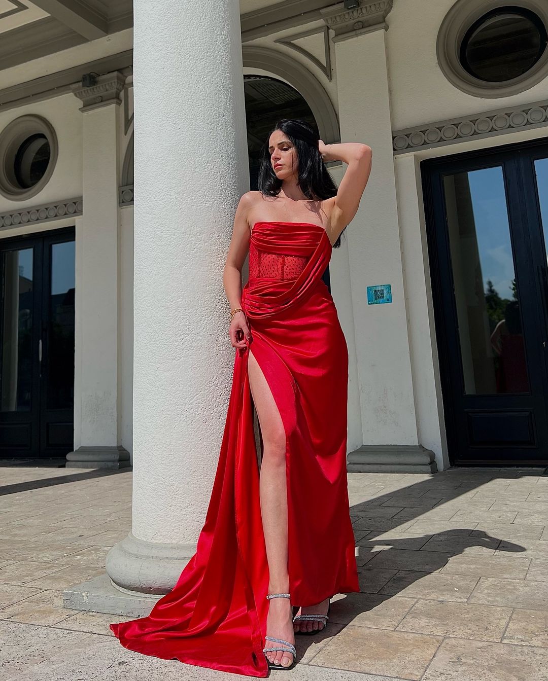 Haliya Crystallized Corset High Slit Gown - Red