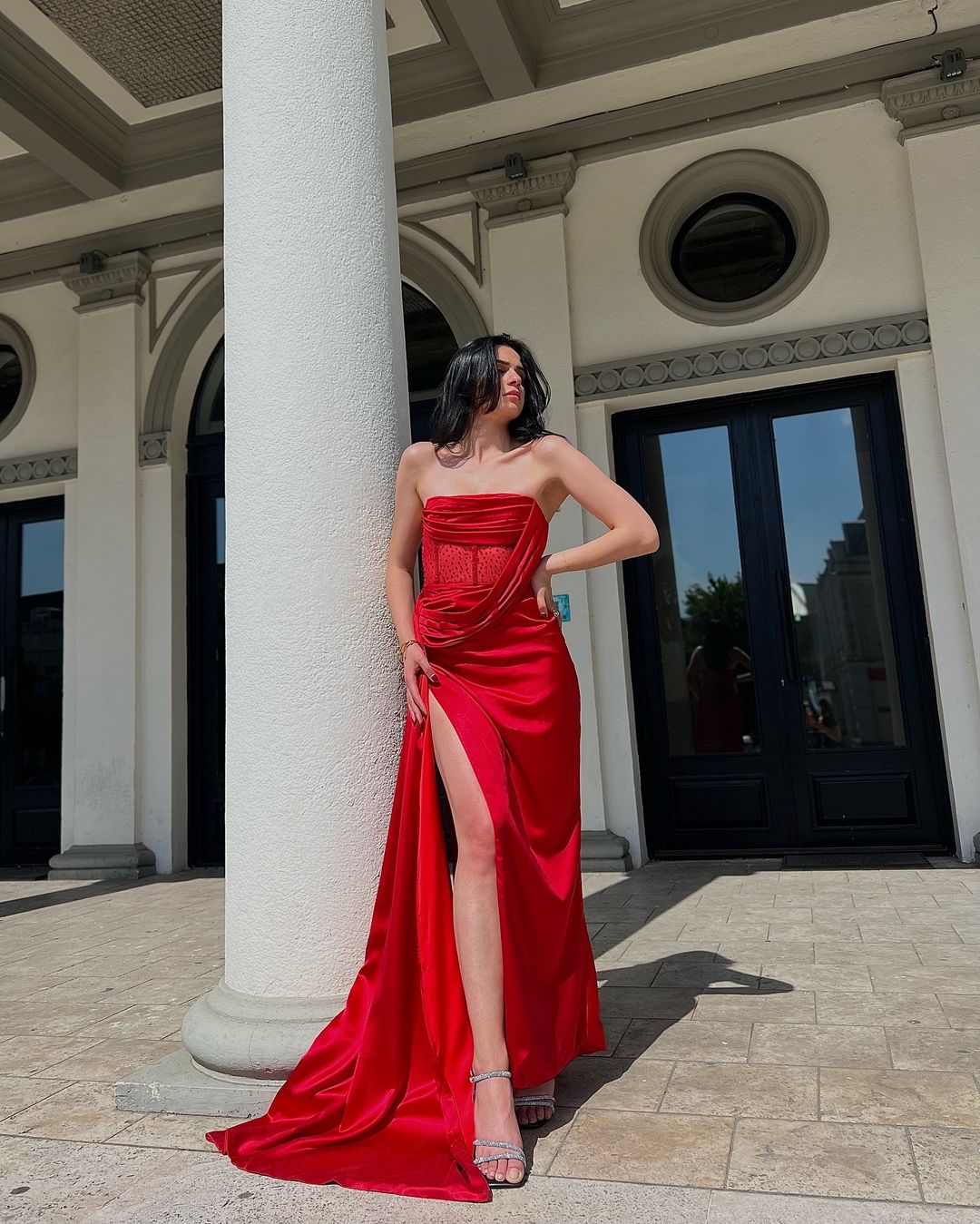 Haliya Crystallized Corset High Slit Gown - Red