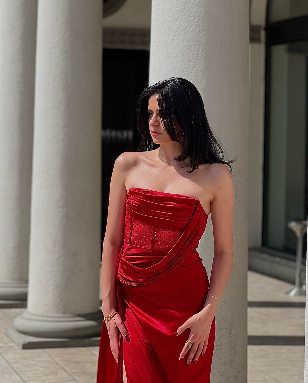 Haliya Crystallized Corset High Slit Gown - Red