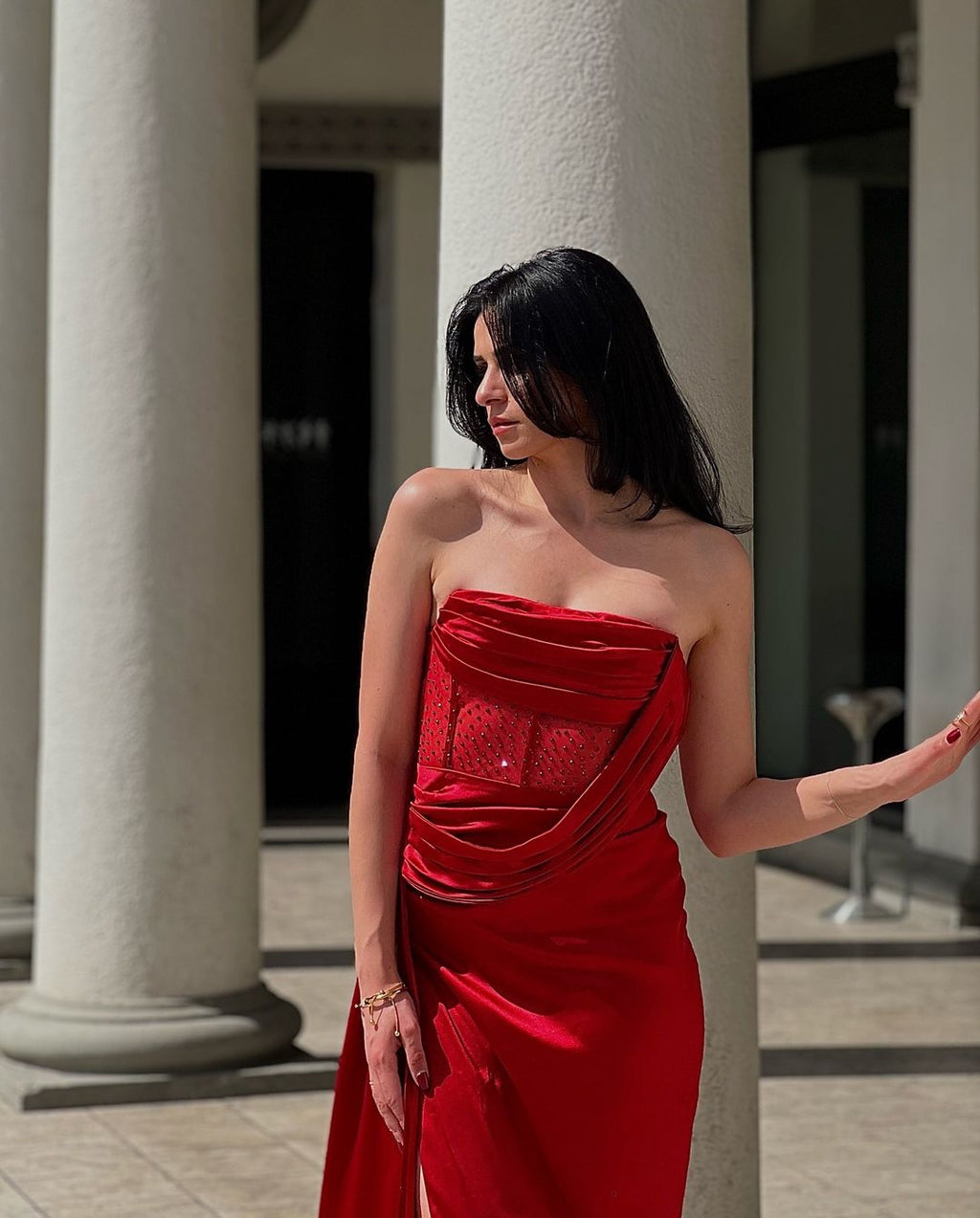Haliya Crystallized Corset High Slit Gown - Red