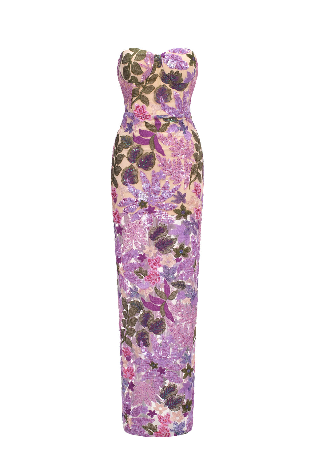 Eugenia Flower Sequins Strapless Mesh Dress - Purple