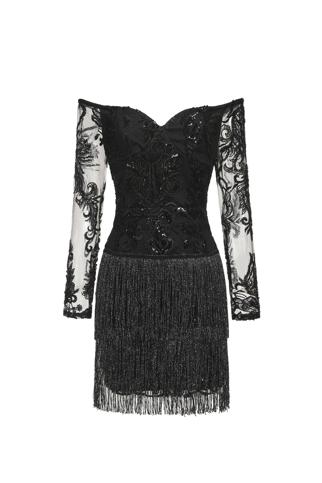 Ludia Lace Sequins Off Shoulder Fringe Mini Dress