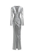 Linka Deep V Long Sleeve Shirr Maxi Dress
