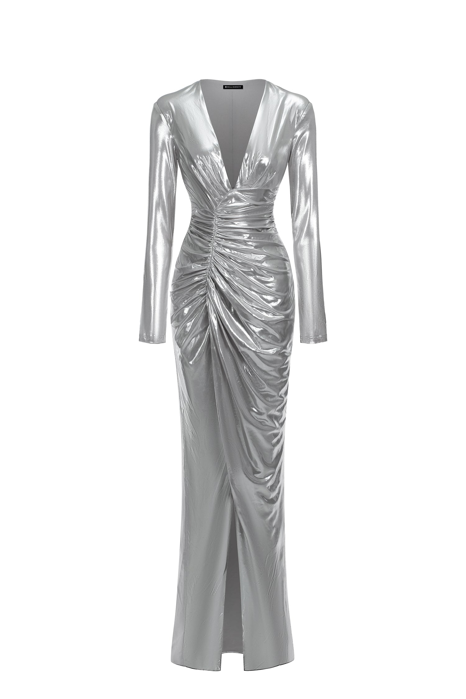 Linka Deep V Long Sleeve Shirr Maxi Dress