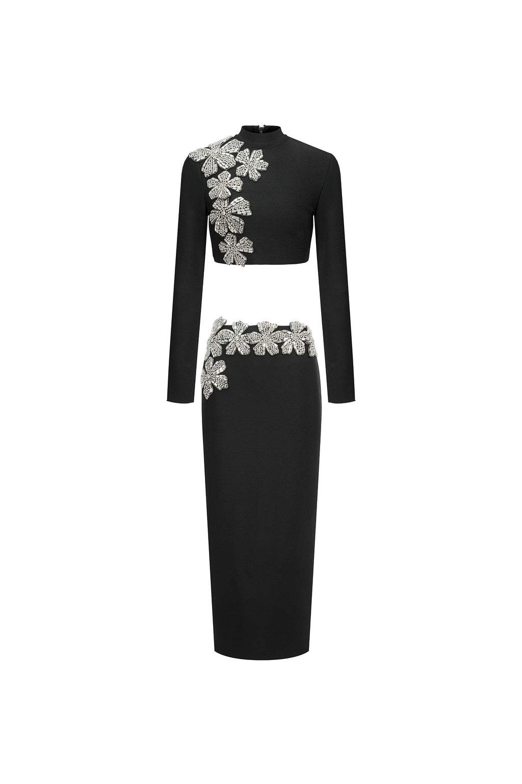 Ulama Choker Long Sleeve Diamond Flowers Bandage Maxi Two-Piece Set