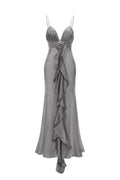 Yvonne Sleeveless V-Neck Flowers Flounce Gray Maxi Dress