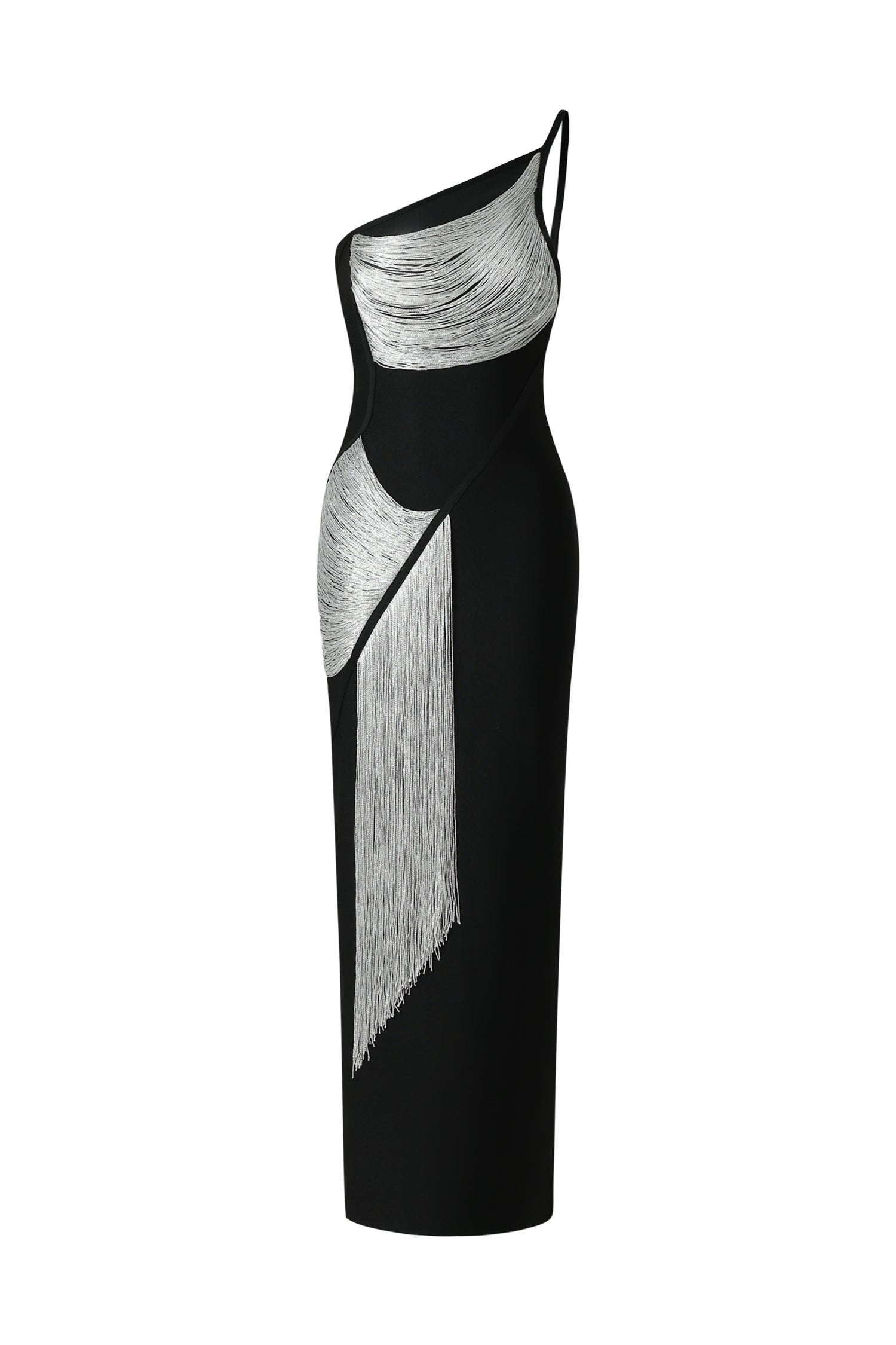 Roanna One Shoulder Sleeveless Tassels Bandage Maxi Dress