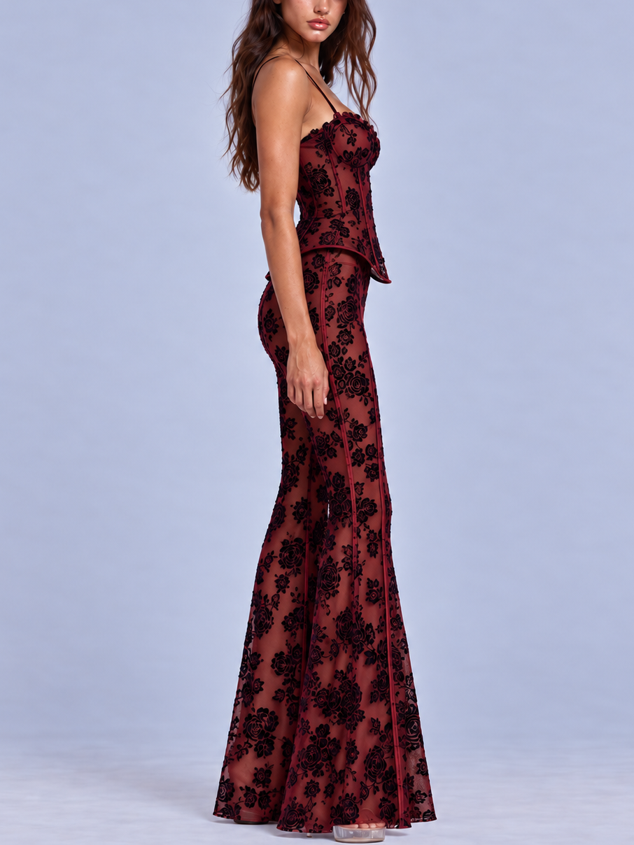 Rosalie Flocked Rose Corset Flare Pants Set