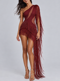 Burgundy Asymmetric Fringe Cut-Out Mini Dress