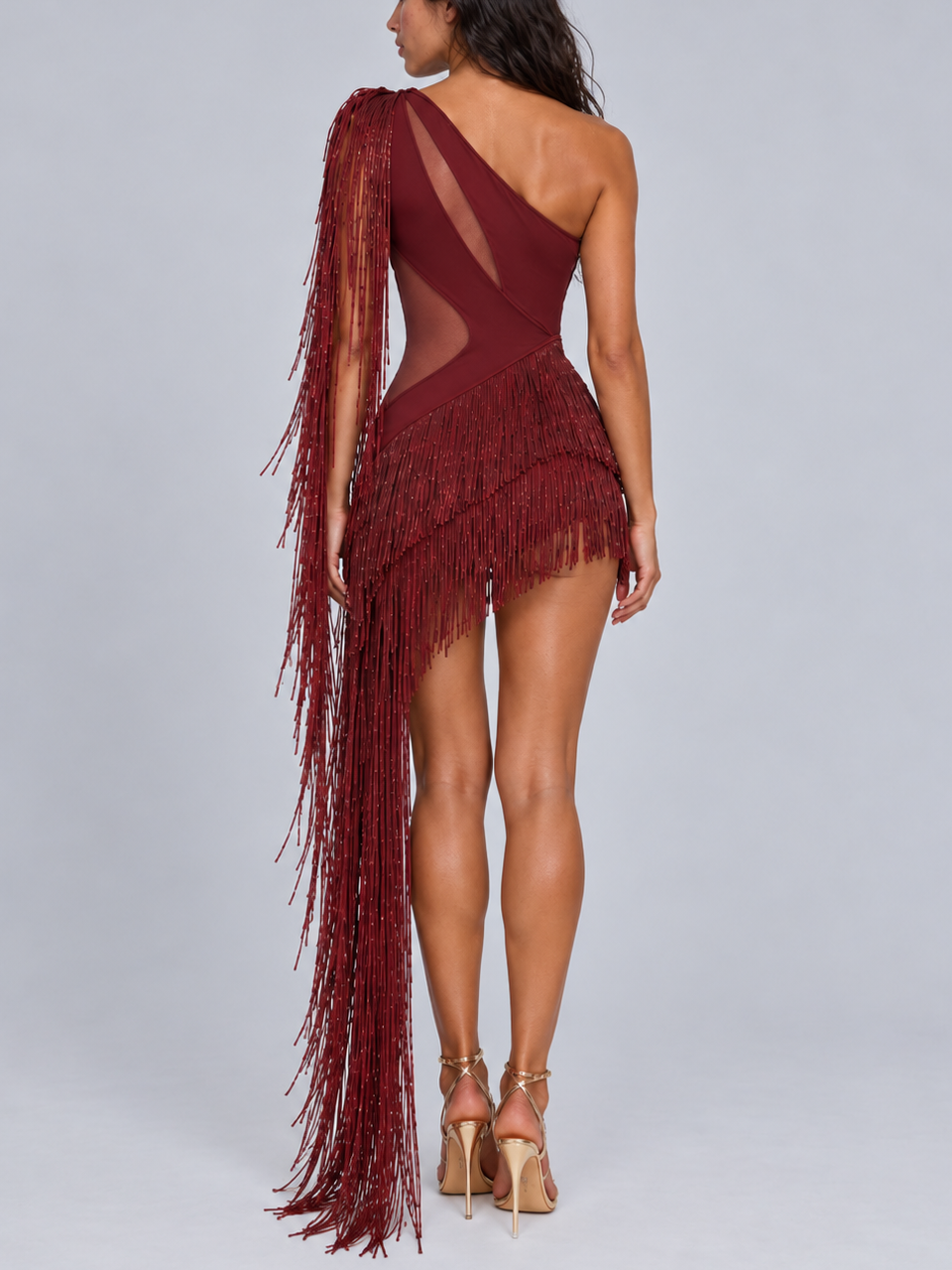 Burgundy Asymmetric Fringe Cut-Out Mini Dress