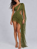 Green Asymmetric Fringe Cut-Out Mini Dress