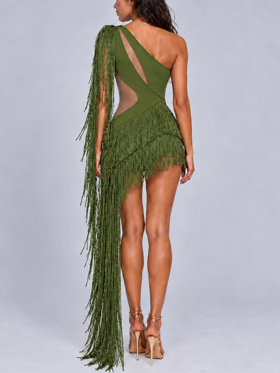 Green Asymmetric Fringe Cut-Out Mini Dress