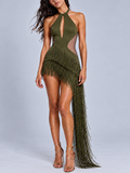 Green Nyx Halter Fringe Mini Dress