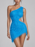 Azure Feathered Illusion Mini Dress In Blue
