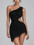 Azure Feathered Illusion Mini Dress