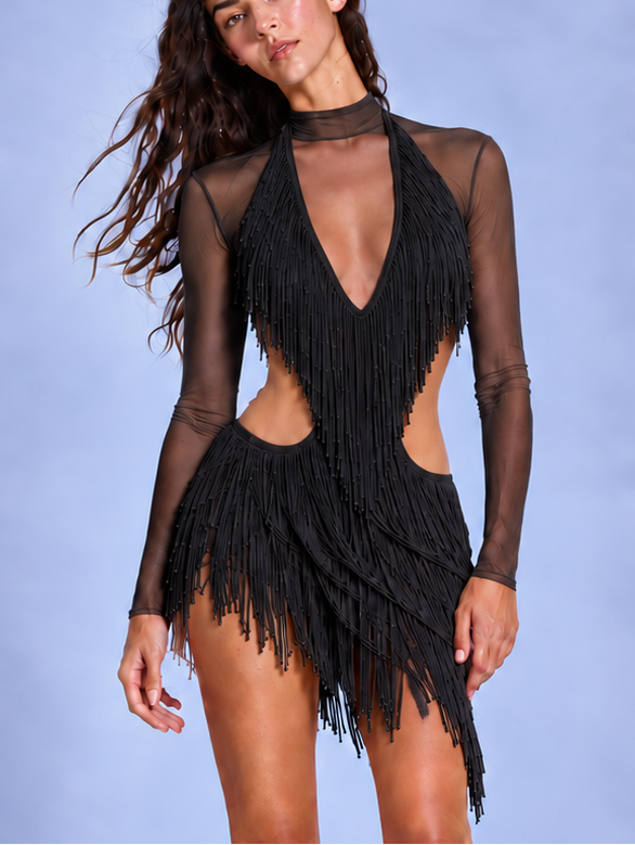 Midnight Fringe Illusion Mini Dress