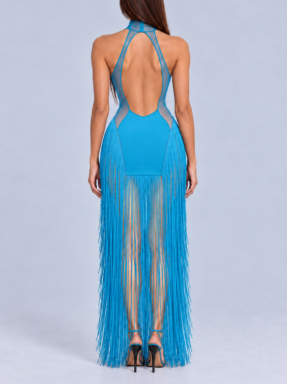 Eclipse Fringe Illusion Maxi Dress In Blue
