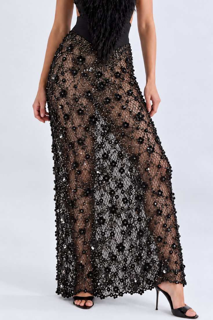 Nocturne Feather Lace Maxi Dress