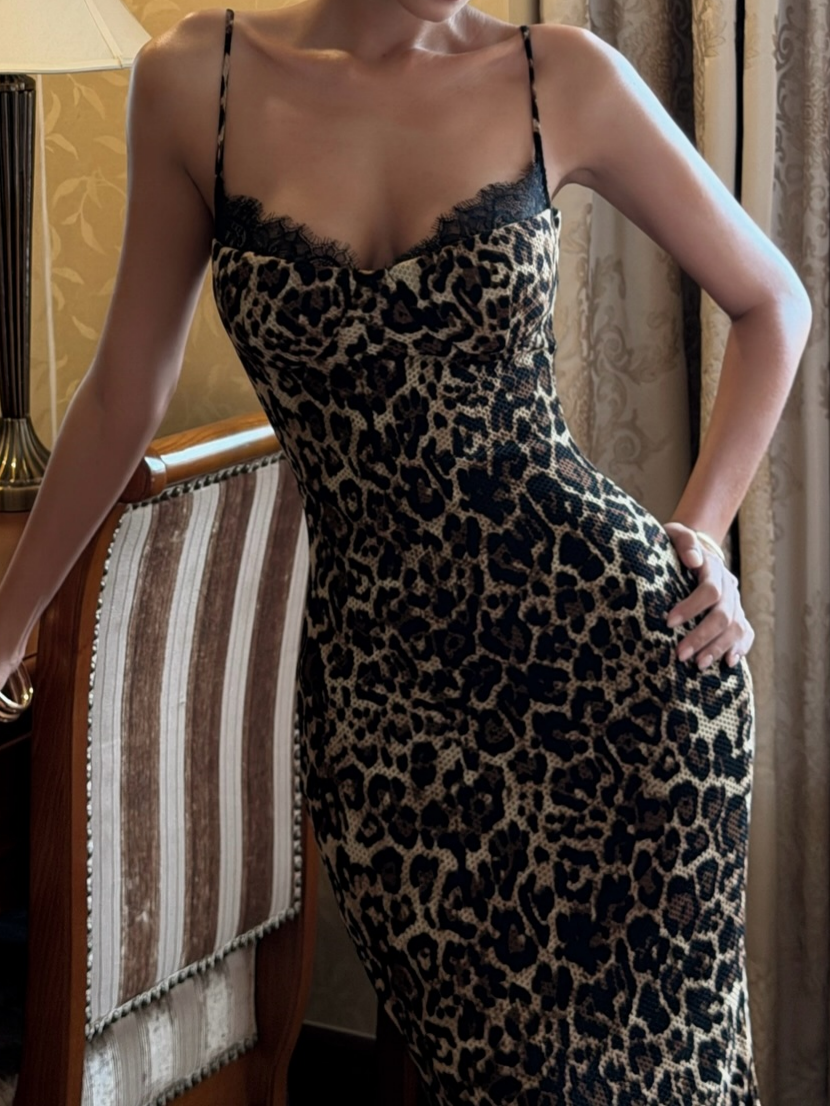Evening Out Sultry Leopard Lace Spaghetti-Strap Dress