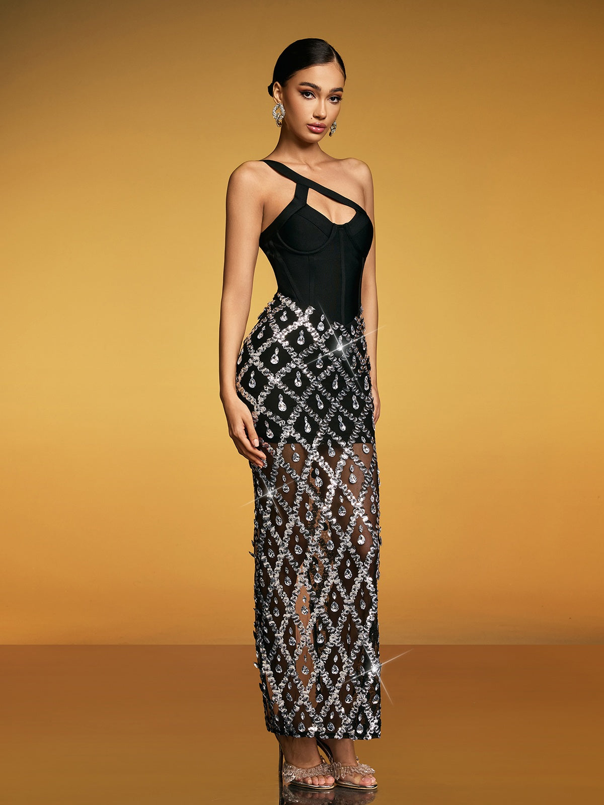 Dualyne Sequin Crystal Split Bandage Maxi Dress