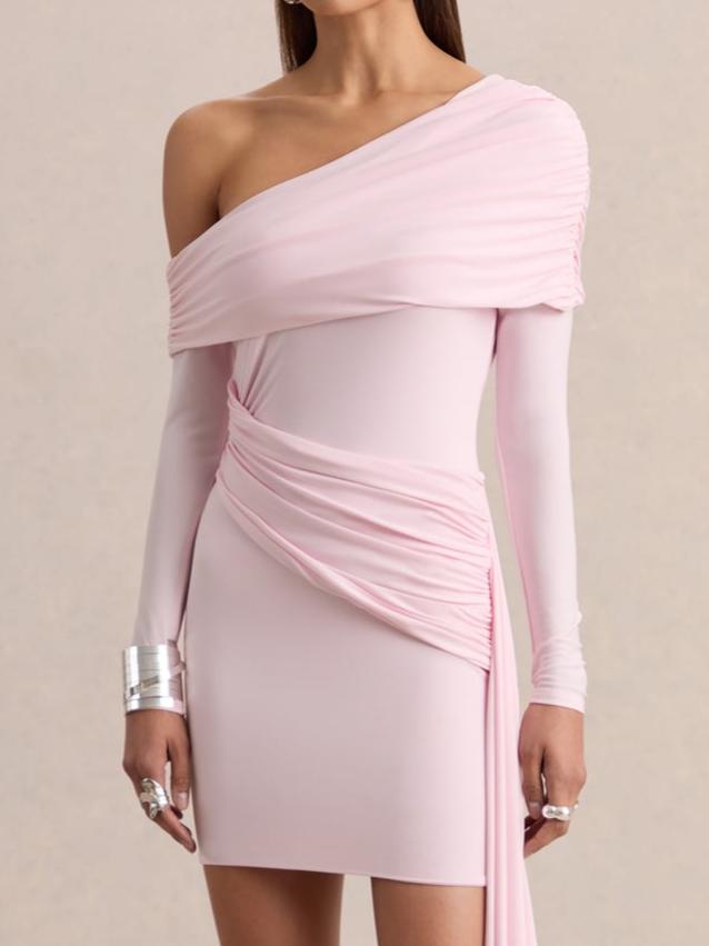 Ruched Asymmetric Mini Dress With Drape