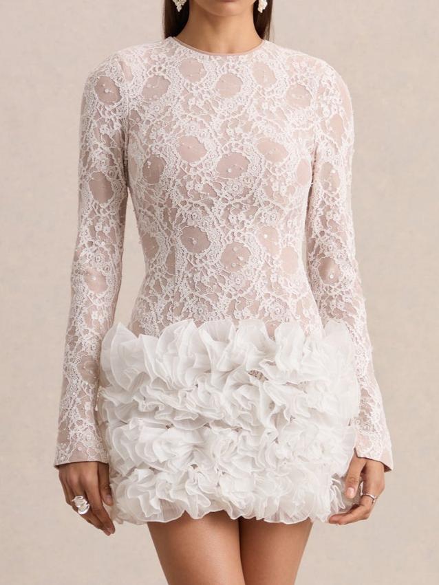 White Crew-Neck Mini Dress With Ruffled Skirt