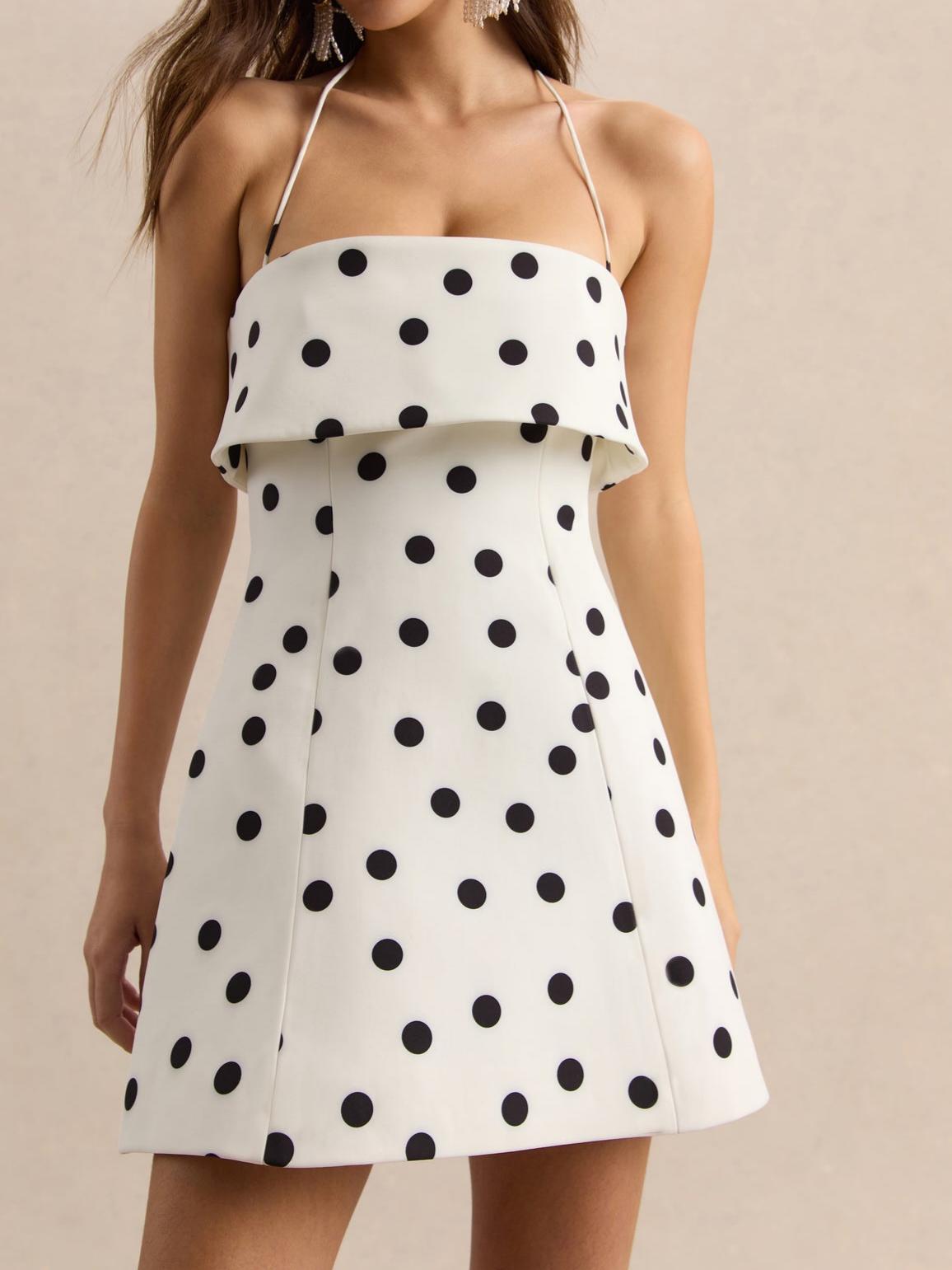 White & Black Polka Dot Square-Neck Mini Dress