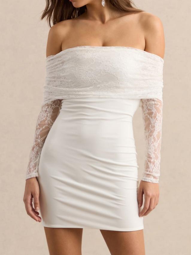 White Bardot-Neck Mini Dress