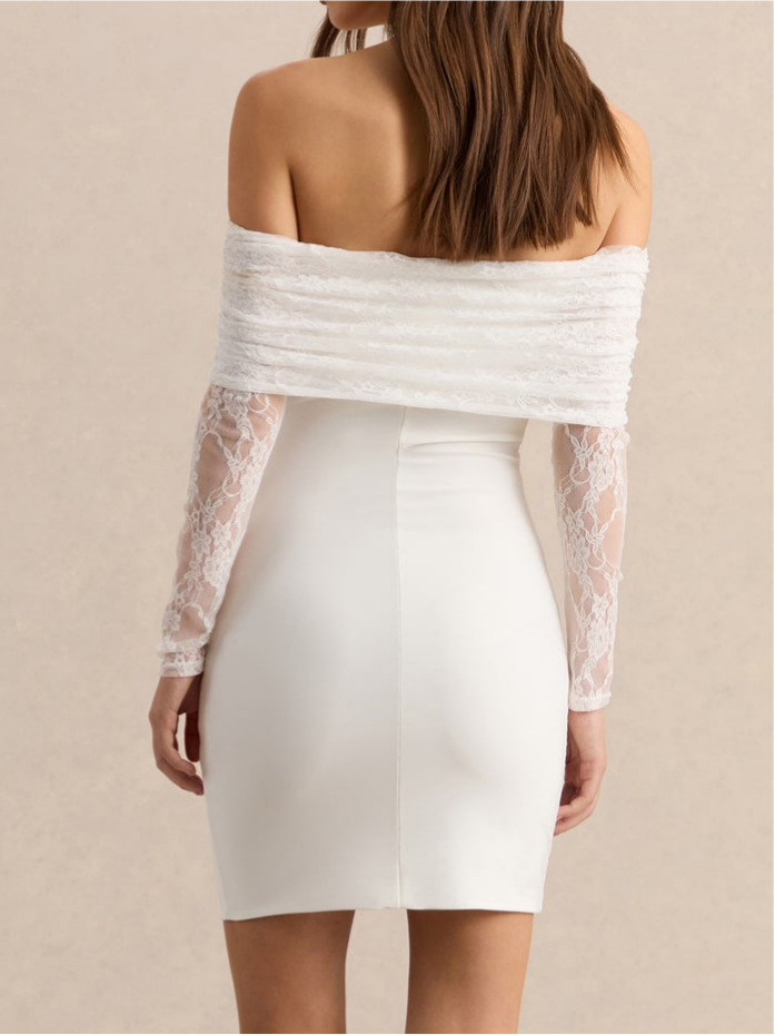White Bardot-Neck Mini Dress