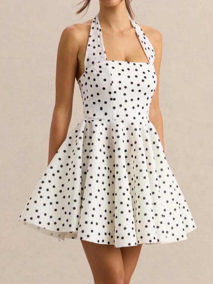 White & Black Polka Dot Halter-Neck Skater Mini Dress